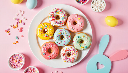 Colorful Easter donuts with sprinkles on festive table