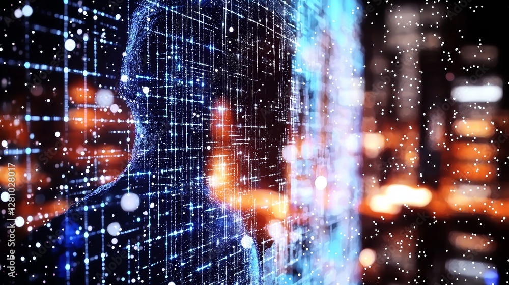 Poster the concept of a futuristic digital city is illustrated through an imaginative visual, incorporating