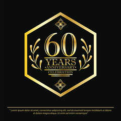 60th years anniversary celebration emblem. black anniversary logo isolated with hexagon geometric badge frame and laurel wreath. vector illustration template design