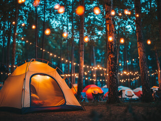 Colorful camping tents illuminated by string lights at a lively music festival in the evening
