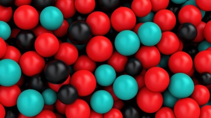 A colorful assortment of spherical objects in red, black, and turquoise, creating an abstract pattern with a smooth, glossy finish.