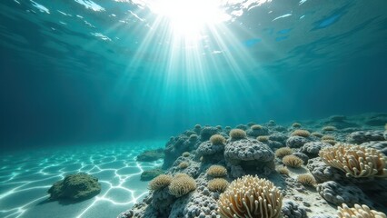 Fototapeta premium Bleached coral reef on sandy ocean floor under clear water with sunlight 