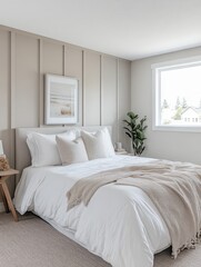 A bedroom with a bed plants and soft neutral tones