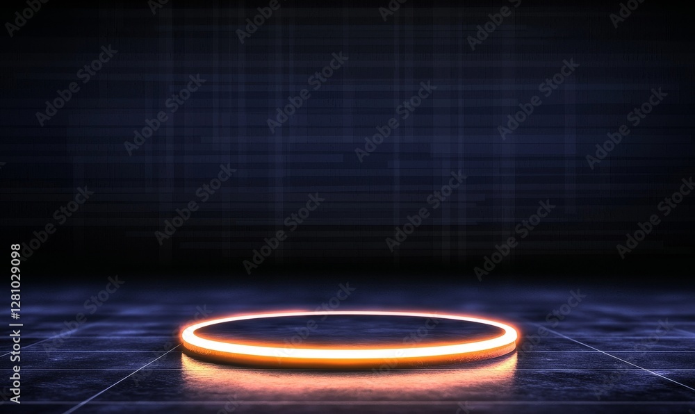Poster a 3d rendered image of a futuristic sci-fi empty red stage with neon lighting, creating a unique vis