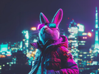 Futuristic easter bunny wearing a neon jacket in a vibrant cyberpunk cityscape at night