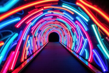 A Vibrant Neon Tunnel Illuminated with Colorful Lights Inviting Visitors into an Enchanting and Mystical Experience