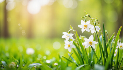 White daffodils blooming in a green spring meadow