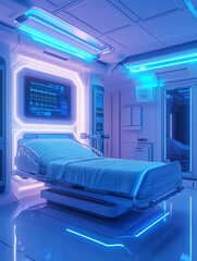 Obraz premium Futuristic medical room featuring advanced equipment and ambient lighting for enhanced patient care