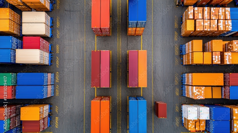 Poster aerial view of neatly arranged shipping containers in various colors, showcasing a busy logistics an