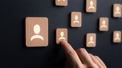 Obraz premium A hand selecting a user icon from a digital interface on a dark background.