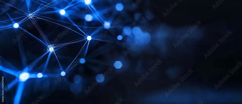 Poster an abstract wave featuring moving dots and lines, representing the flow of particles in a cyber tech