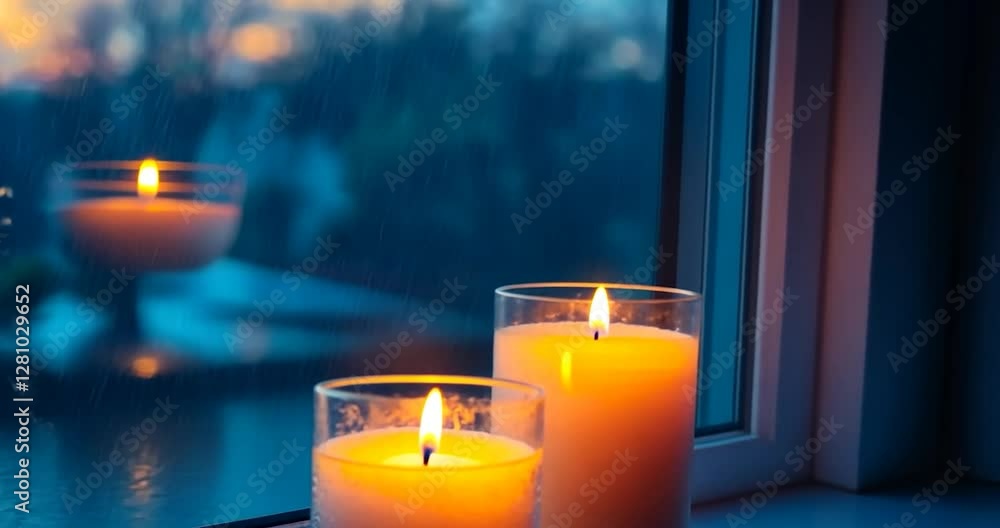 Poster two lit candles on window sill with blue sky background and reflection