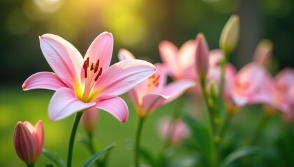 Fototapeta premium Pastel pink lily flowers blooming in a garden, garden, spring