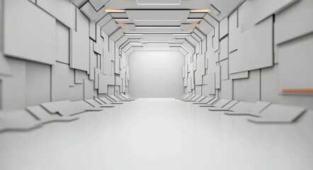 A 3D rendering of a spaceship interior showcases abstract corridors and a futuristic design, all presented on a blue background