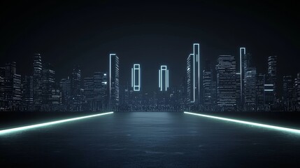 Fototapeta premium The cyberpunk theme is captured in a 3D rendering of a neon mega city, where light reflections from puddles on the street lead the eye towards the buildings, representing the nightlife and central