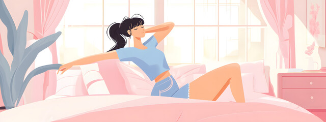 A woman stretching in bed, cartoon-style vector illustration with pastel pink colors

