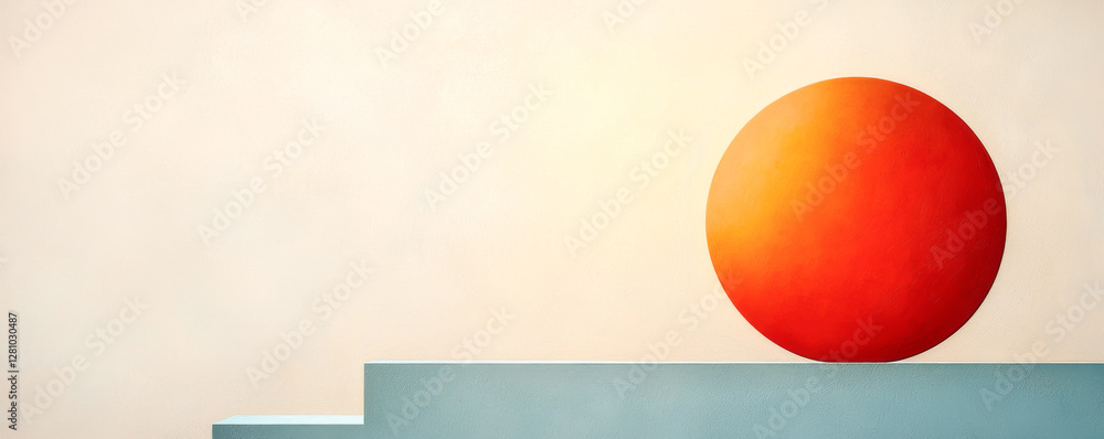 Poster abstract composition featuring a red circle balanced on a minimalist platform.