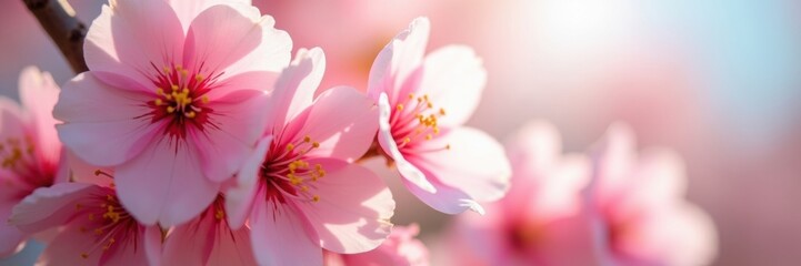 Soft pink cherry blossom petals in full bloom. Springtime background with copy space