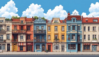 Fototapeta premium European city street scene, sunny day, colorful buildings