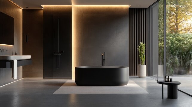 Modern luxurious bathroom with minimalist design and black tub in sunlit space