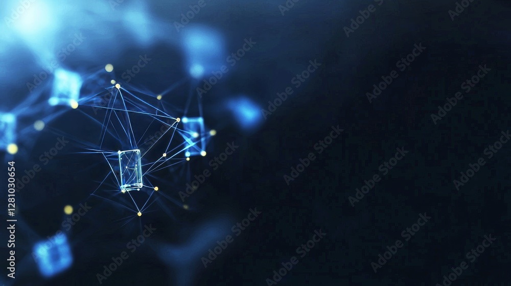 Poster in a futuristic universe, an abstract blue particle floats horizontally with a background of cyan li