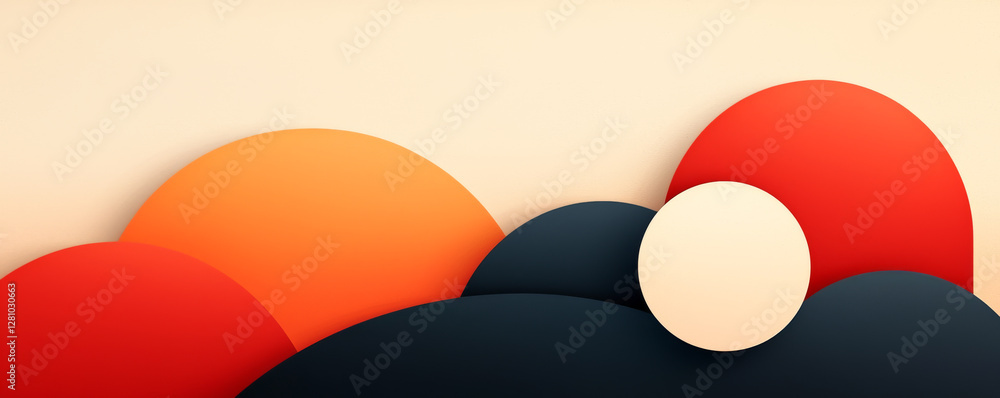Poster abstract composition of colorful circles and shapes against a soft background.