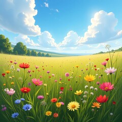 Fototapeta premium Seasonal spring birds, wildflowers in bloom, soft pastel sky, decorative background
