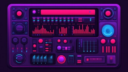 Obraz premium A vibrant, futuristic audio control panel featuring various dials, sliders, and visual equalizers in neon colors on a dark background.