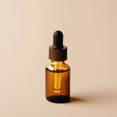 A small, unbranded amber glass dropper bottle with golden oil inside, placed on a soft beige background. Elegant lighting, minimalistic and organic aesthetic