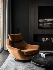 A modern living room featuring a comfortable orange armchair