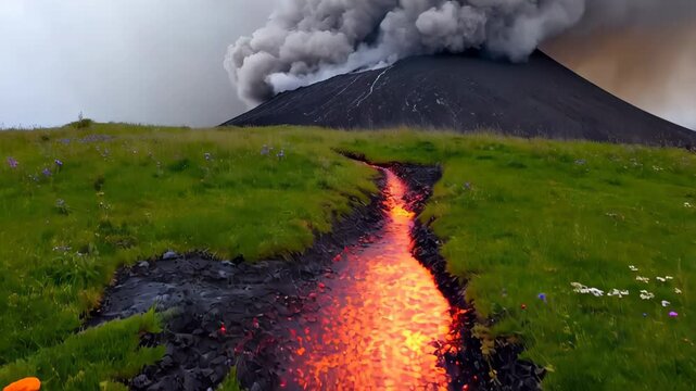 A river of molten lava cutting through lush green fields, flowing from the active volcano in the distance. Concept of nature&rsquo;s duality and transformation