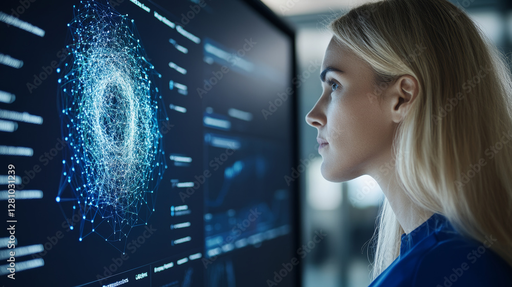 Aufkleber innovative woman analyzing data visualization on digital screen, showcasing technology and analytics