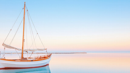 Naklejka premium Serene view of a sailboat anchored on calm waters during a pastel-colored sunset, symbolizing tranquility, travel and coastal lifestyle.