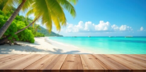 Fototapeta premium Empty wooden table on idyllic tropical beach, blurred background , paradise, sea