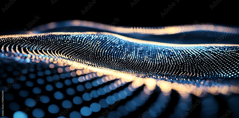 Poster digital wave technology with flowing particles and multiple connections on lines is set against a da