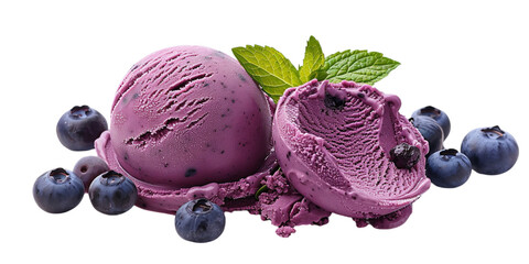 Horizontal view of a scoop of blueberry ice cream with blueberry on a plain transparent backdrop or PNG for food type poster or graphic use, Generative AI.