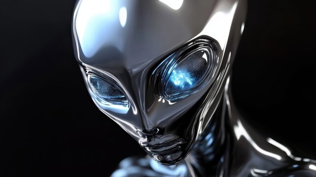 Chrome Alien Head With Glowing Blue Eyes