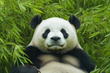 Fototapeta premium Gentle giant relaxing among lush bamboo, showcasing unique black