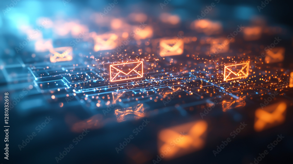 Poster abstract digital communication network with glowing email icons and data connections.