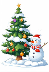 Fototapeta premium Christmas Snowy Christmas Tree Cartoon Cute Snowman Scene Elements