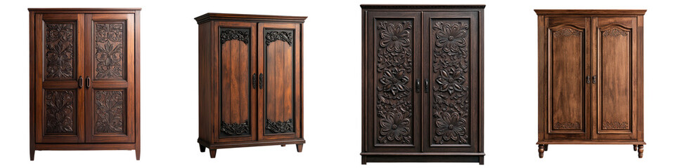 Beautifully crafted ornately carved wooden antique armoire cabinet with intricate traditional designs perfect for adding elegant