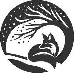 A fox curled up under a tree in the snow animal vector silhouette