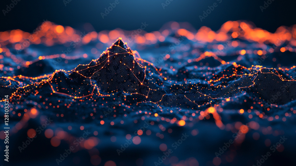 Poster abstract digital landscape with glowing nodes and lines, representing data connectivity.