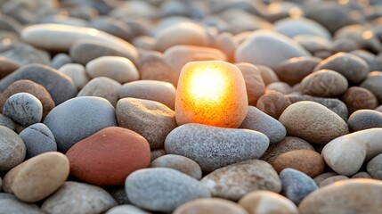Sunset Glow Illuminates Beach Stones, Serene Nature Scene