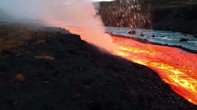 Bright orange lava flowing down the side of a volcano, with steam rising from the intense heat. Concept of raw nature and geological activity
