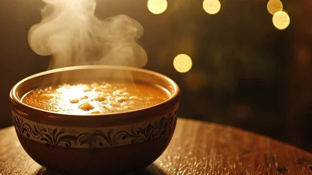 Steaming hot soup in rustic bowl, warm lights.