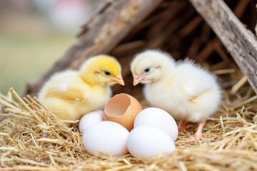 Adorable yellow and white chicks with eggs in straw nest outdoors.