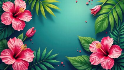 Vibrant tropical floral print, hibiscus & palm leaves, jungle, summertime