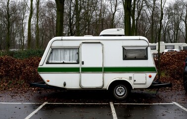Near a vacant highway surrounded by green fields, a car and caravan trailer are parked, representing aspects of transportation, RV, motorhome, camping, eco tourism, recreation, alternative lifestyle