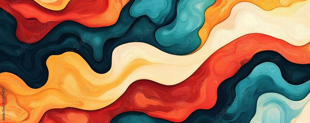 Poster abstract fluid design with vibrant colors blending and flowing smoothly together.